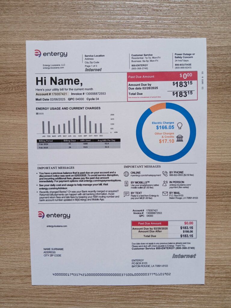 Visual example of printed Entergy utility bill in Louisiana