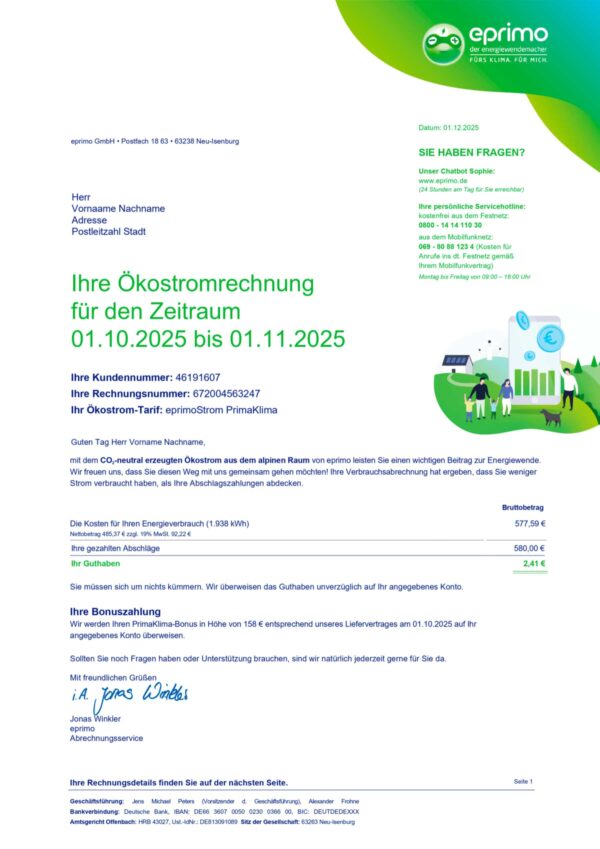 Clean layout of Eprimo Energy bill – editable Germany version