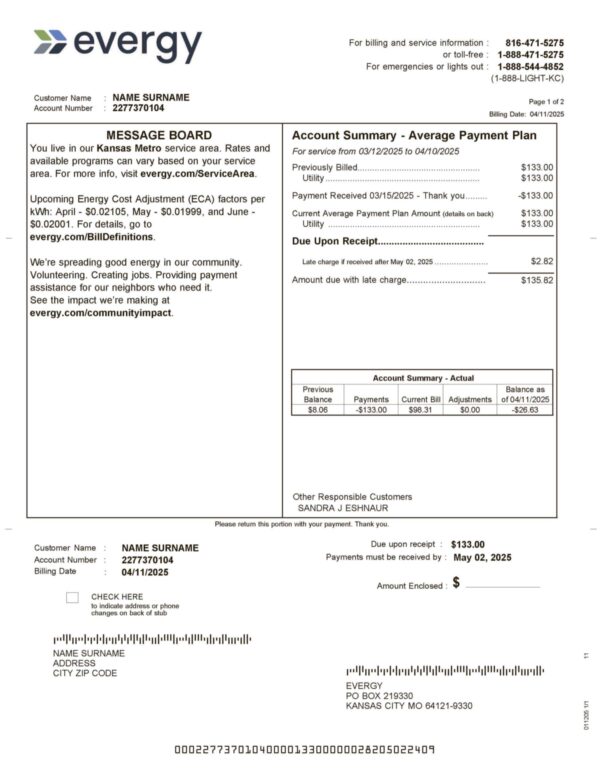 Evergy electric statement from Kansas – modifiable PDF template