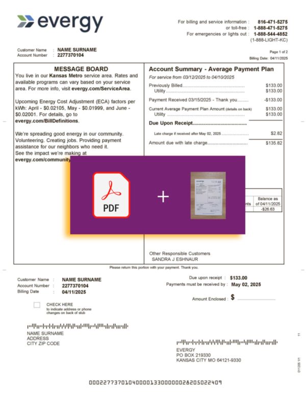 Downloadable electric bill from Evergy, Kansas – banner included