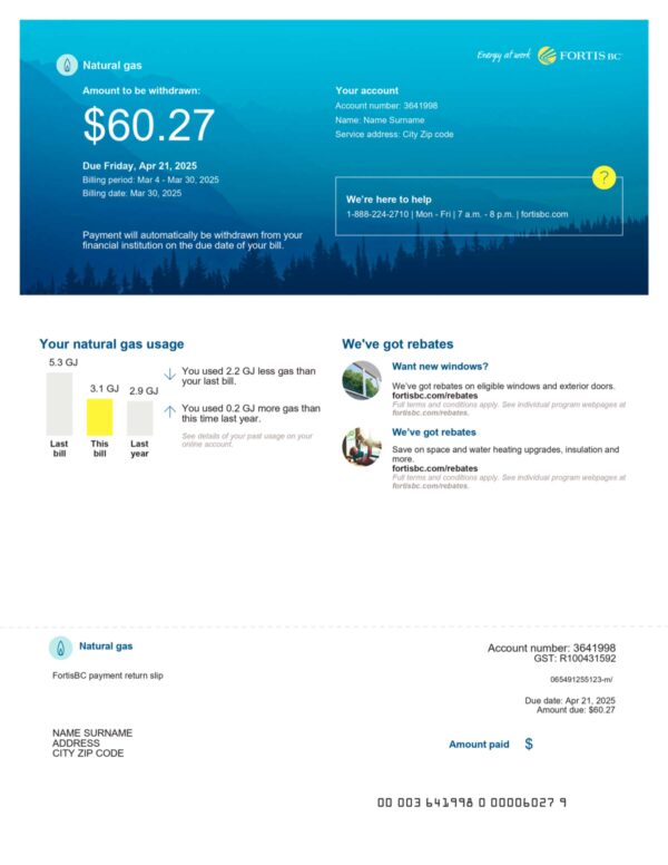 Clean layout of Fortis gas bill – editable British Columbia version