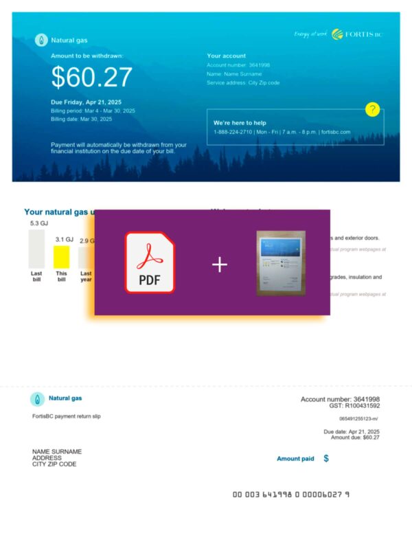 Downloadable gas bill from Fortis, British Columbia – banner included