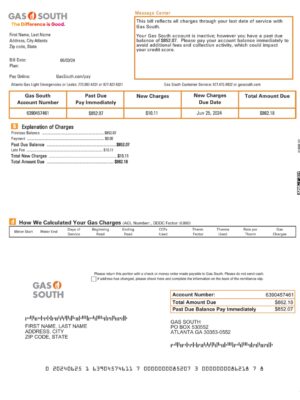 Gas South utility bill from Atlanta, Georgia – customizable PDF for address proof