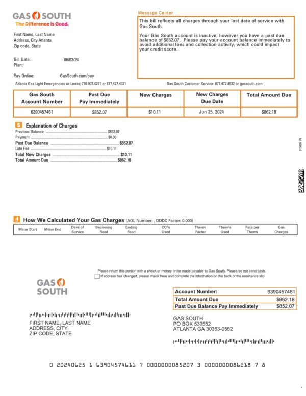 Gas South utility bill from Atlanta, Georgia – customizable PDF for address proof