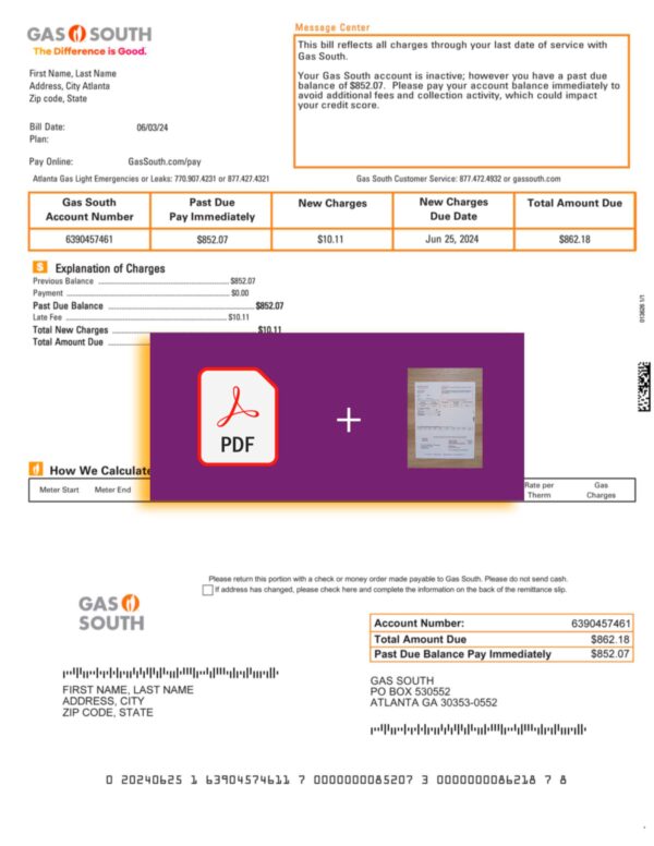 Gas South document for Atlanta, Georgia – proof-of-address label applied