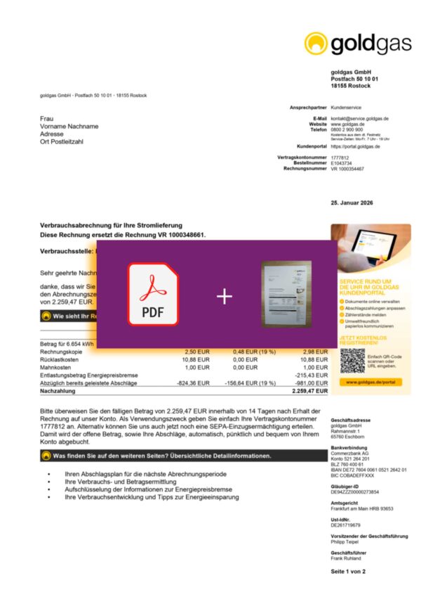 Downloadable gas bill from Gold Gas, Austria – banner included