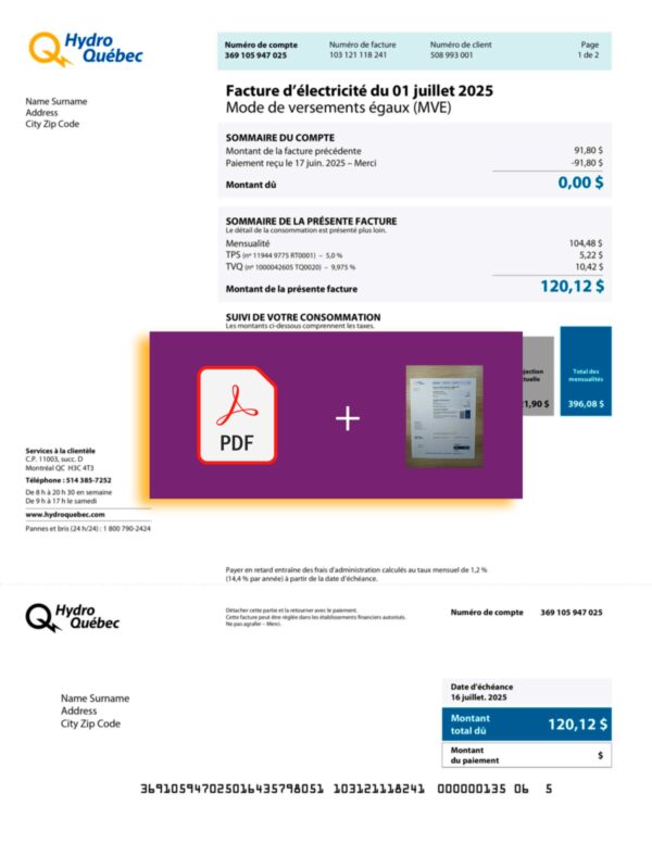 Downloadable electric bill from Hydro, Québec – banner included