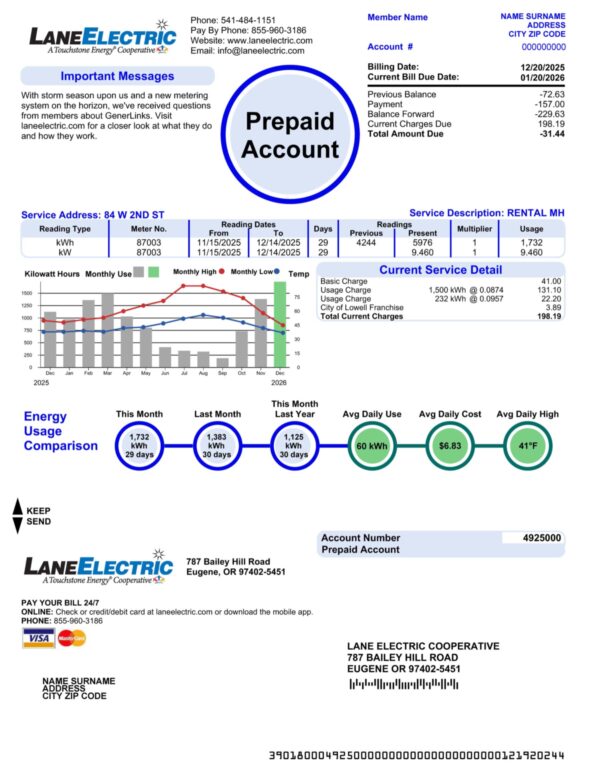 Editable Lane Electric utility bill – Oregon PDF for 2025 testing