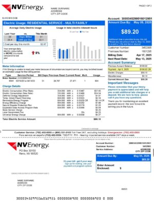 NVEnergy statement from Nevada – modifiable PDF template