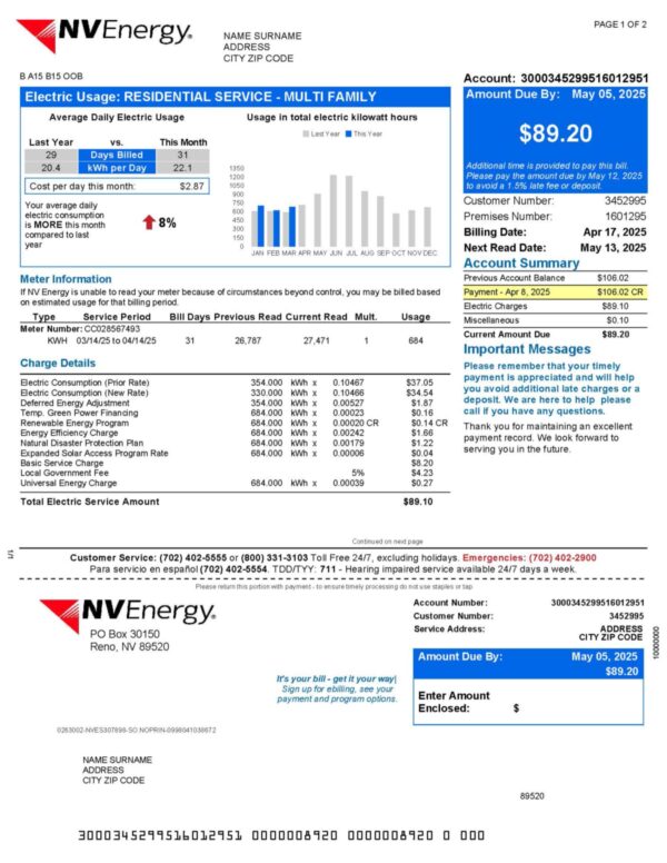 NVEnergy statement from Nevada – modifiable PDF template