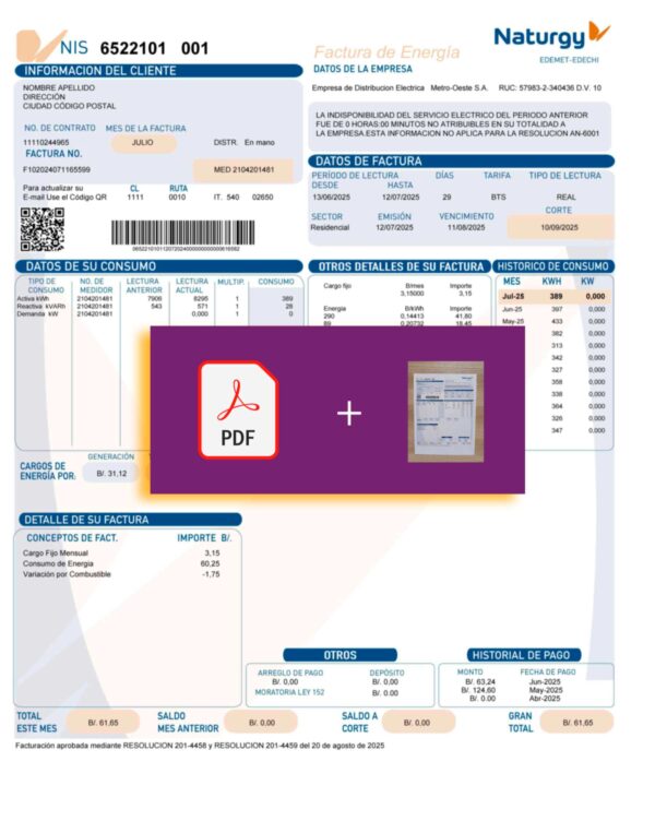 Spain Naturgy bill template – includes authenticity banner