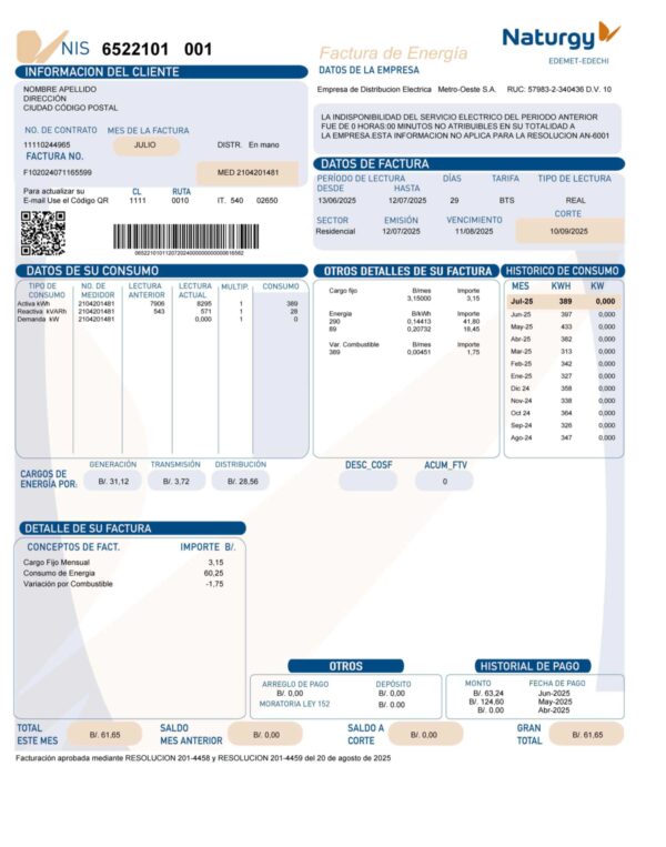 Editable gas bill template – Spain Naturgy sample in PDF