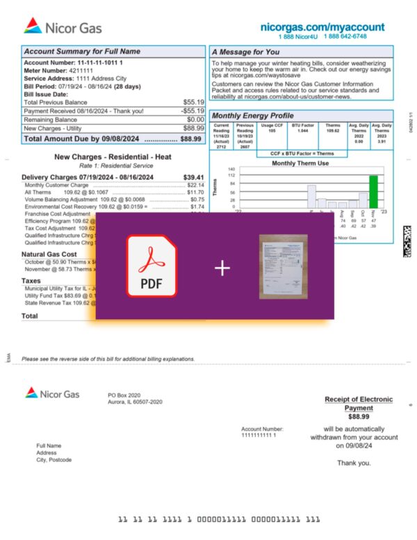 Nicor gas document for Illinois – proof-of-address label applied