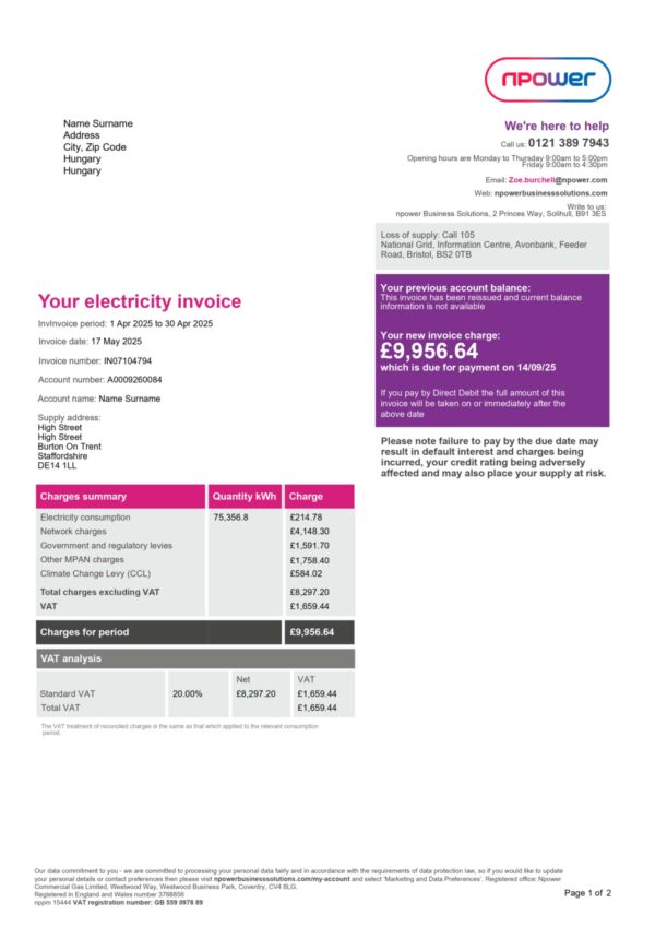 Npower energy statement from Hungary – modifiable PDF template