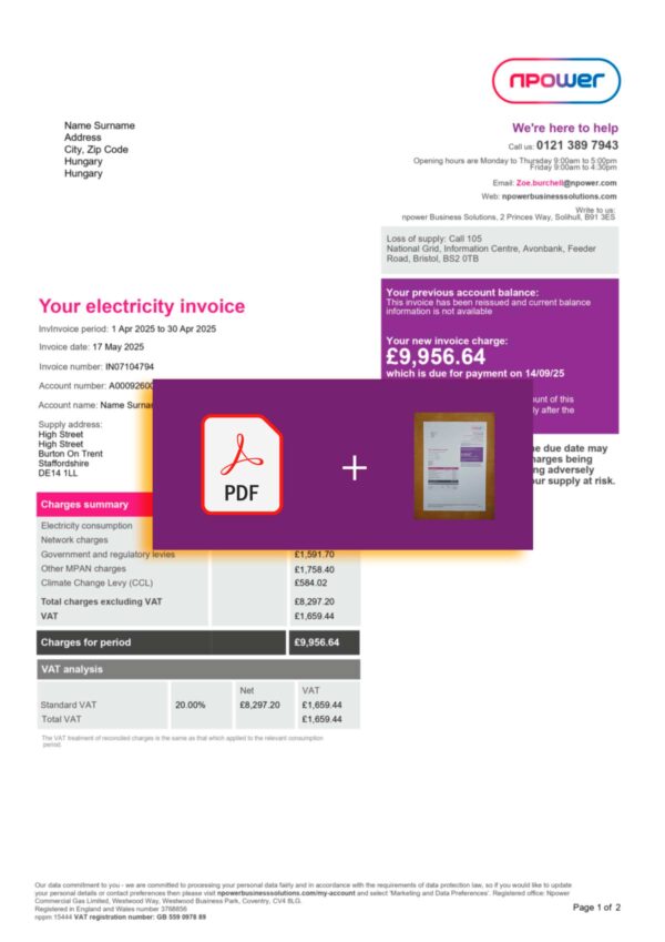 Npower document for Hungary – proof-of-address label applied