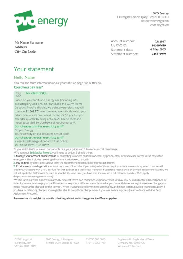 OVO Energy statement from UK – modifiable PDF template