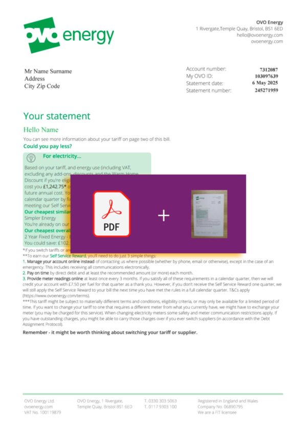 UK OVO Energy bill template – includes authenticity banner