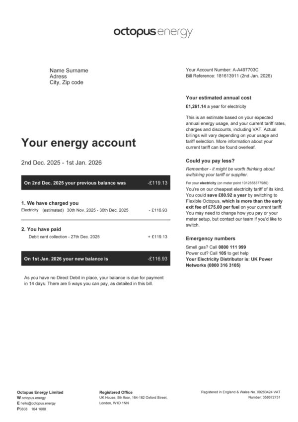 Editable electricity bill template – UK Octopus Energy sample in PDF