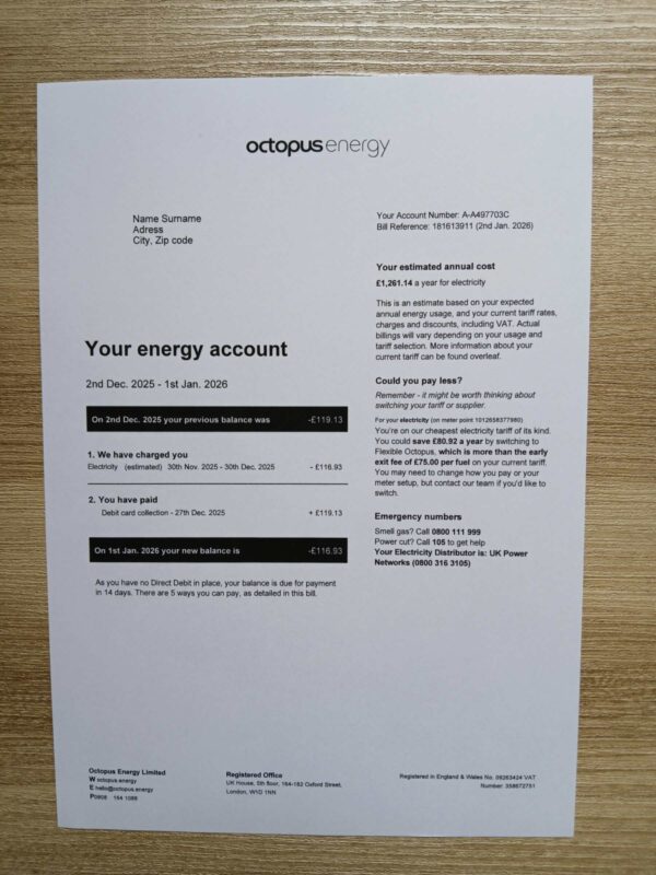Real photo of UK Octopus Energy bill – physical evidence for residence
