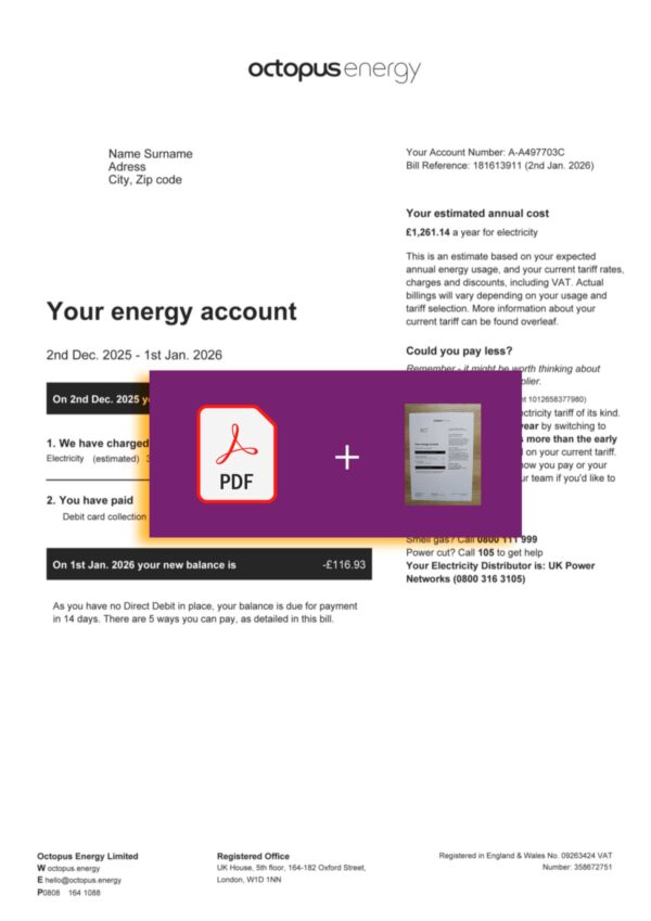 Verified UK Octopus Energy statement – PDF with visual watermark