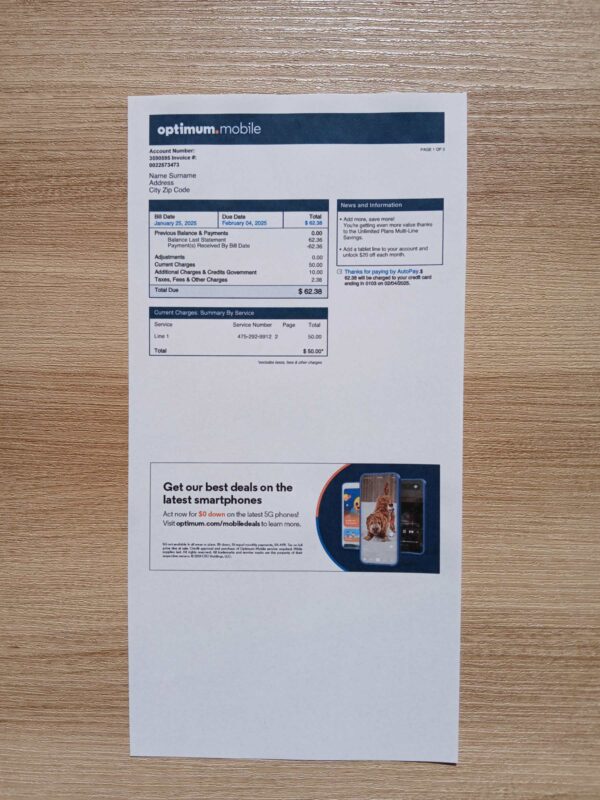 Optimum bill printed and photographed – address proof from USA