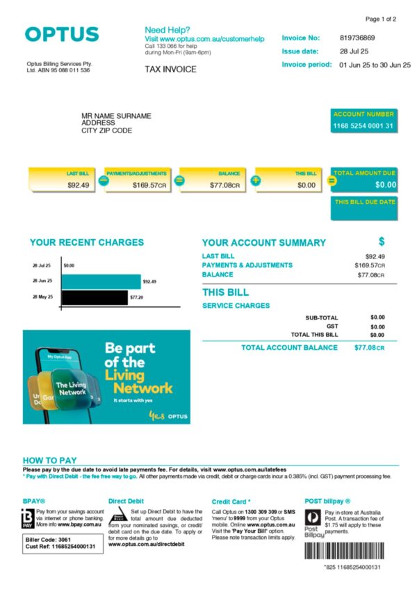 Australia Optus Mobile A4 utility template – download and edit easily