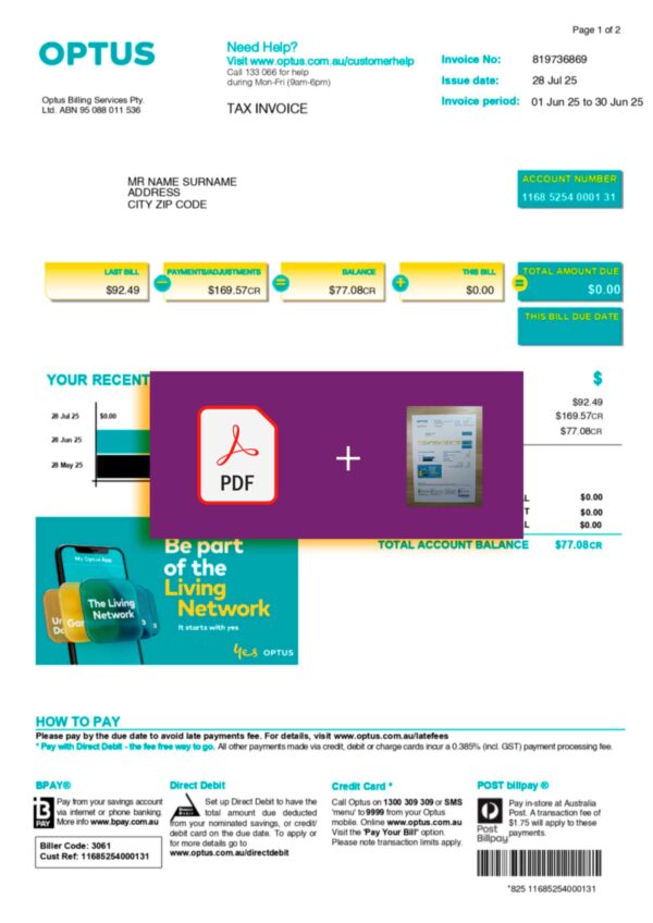 Australia Optus Mobile bill template – includes authenticity banner