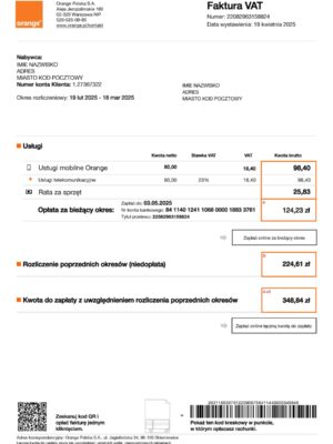 Orange Phone statement from Poland – modifiable PDF template