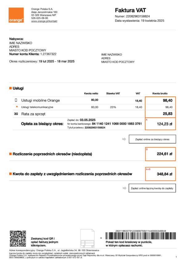 Orange Phone statement from Poland – modifiable PDF template