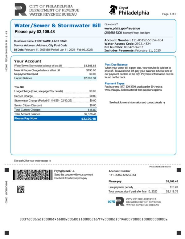 Water Revenue statement from Philadelphia – modifiable PDF template