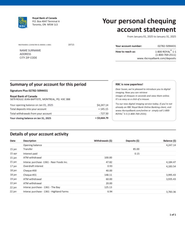 RBC Bank statement from Canada – modifiable PDF template