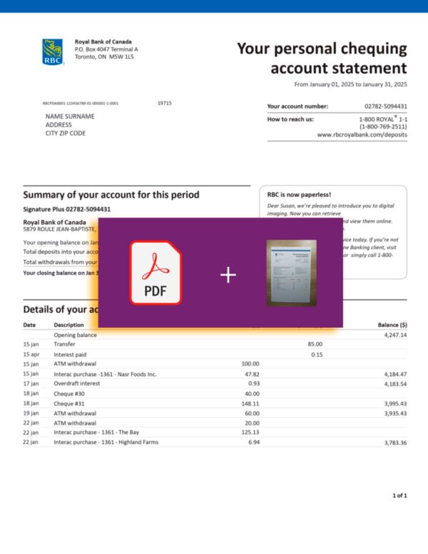 Downloadable statement from RBC Bank, Canada – banner included