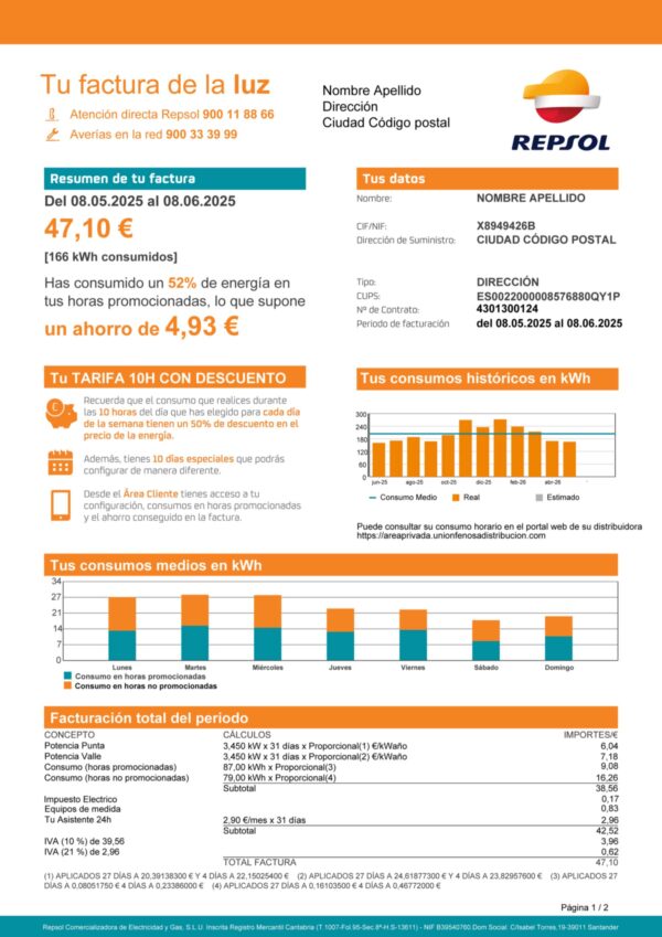 Repsol utility bill from Spain – customizable PDF for address proof