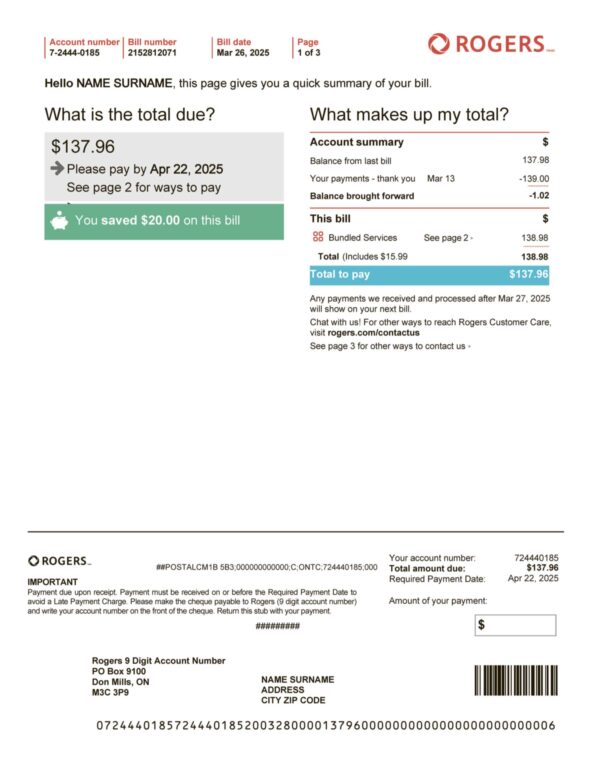 Rogers utility bill from Canada – customizable PDF for address proof