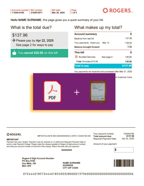 Rogers Mobile document for Canada – proof-of-address label applied