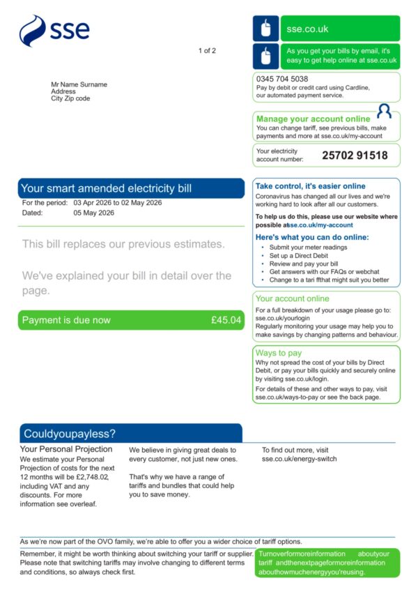 Clean layout of SSE Energy bill – editable UK version