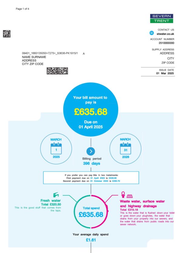 Severn Trent water statement from UK – modifiable PDF template