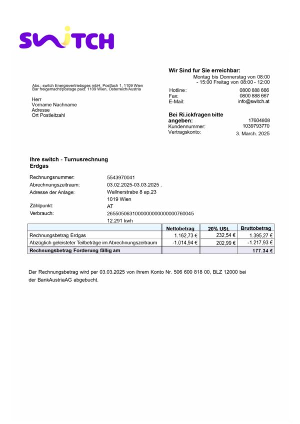 Switch Energy statement from Austria – modifiable PDF template