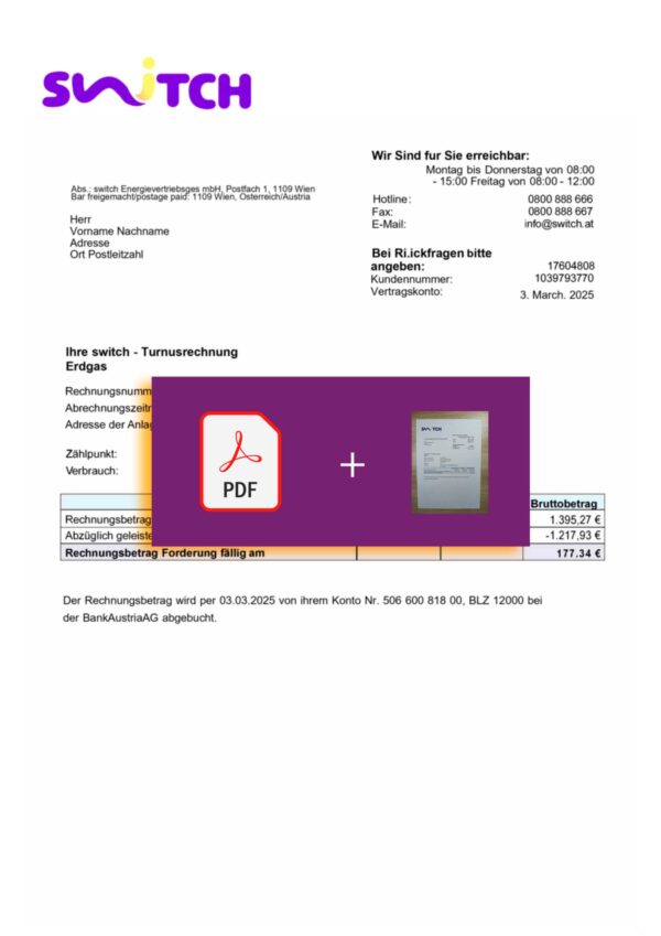 Downloadable electricity bill from Switch Energy, Austria – banner included