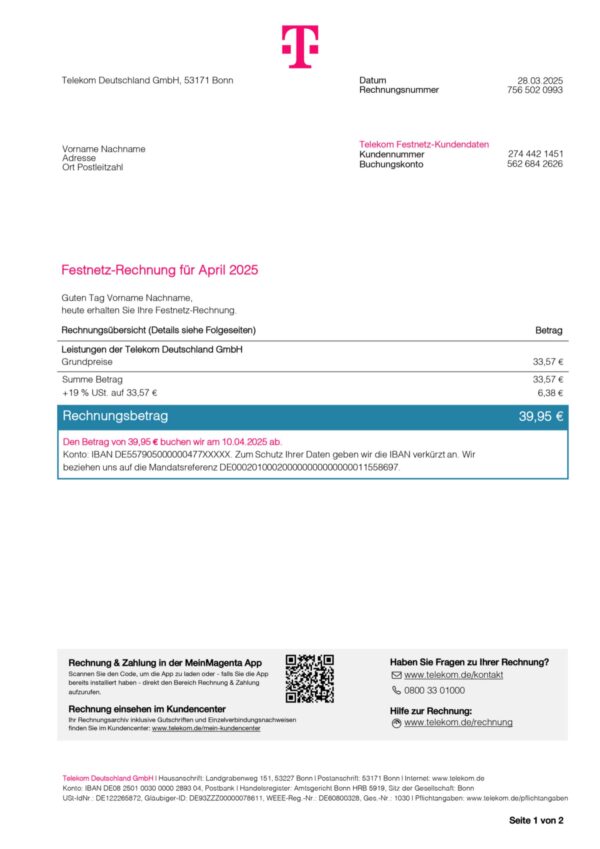 Clean layout of T-Mobile phone bill – editable Germany version