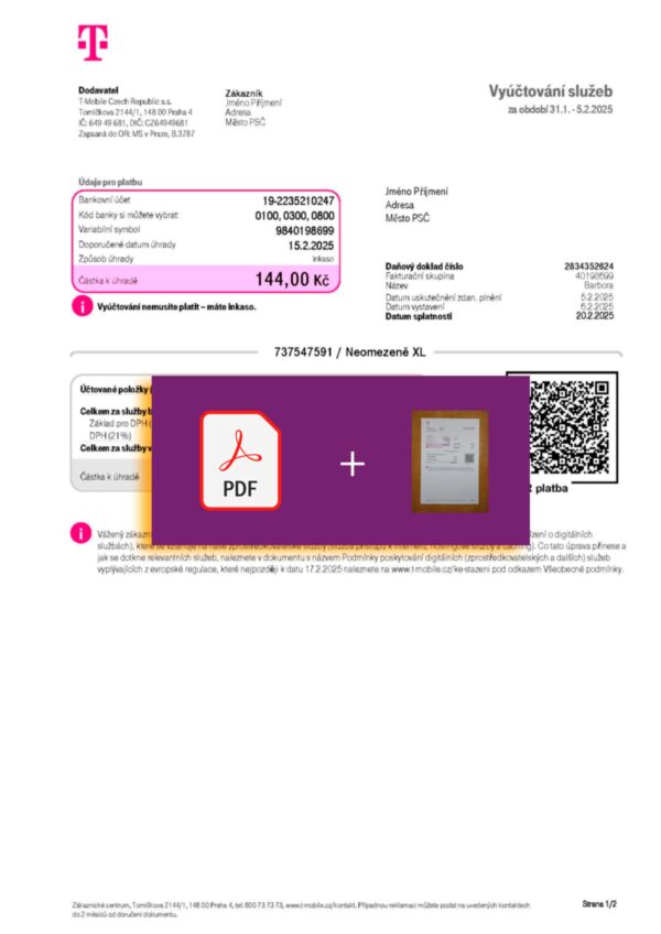 Czech Republic T-mobile bill template – includes authenticity banner