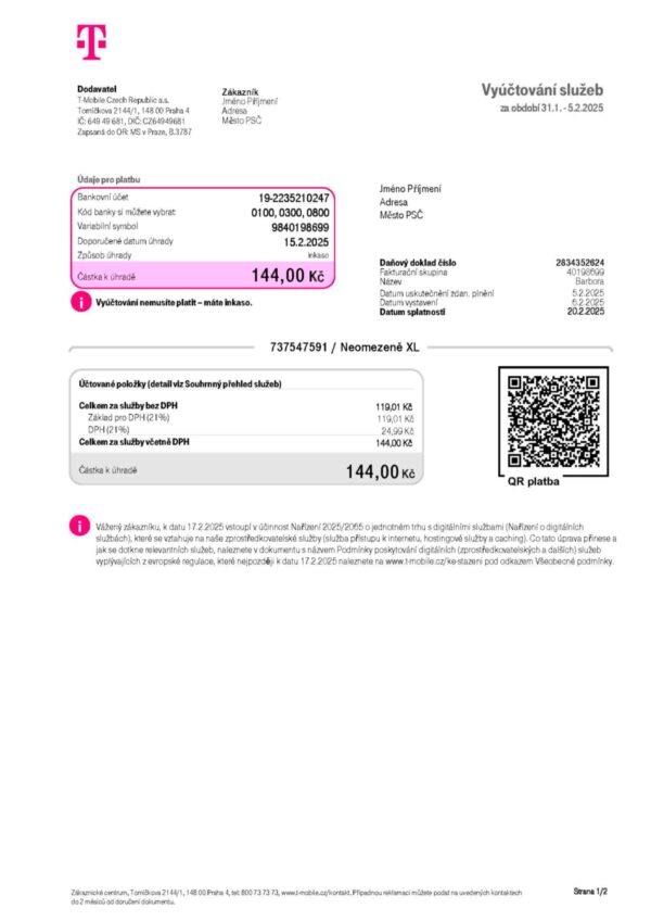 Editable phone bill template – Czech Republic T-mobile sample in PDF
