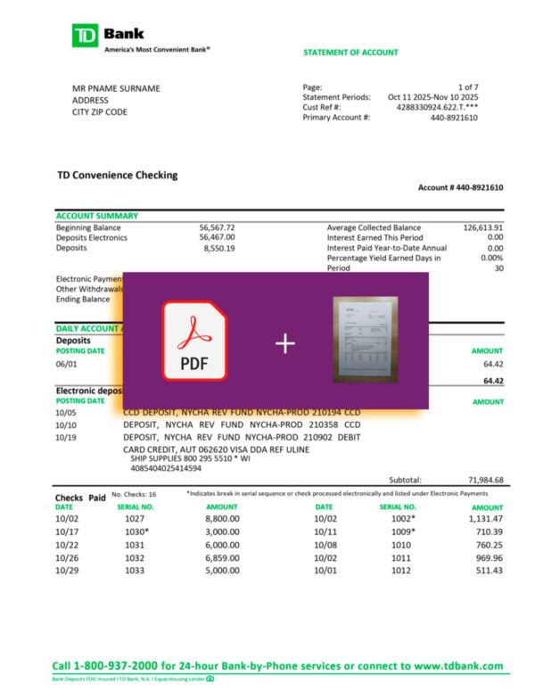 TD Bank document for Canada – proof-of-address label applied