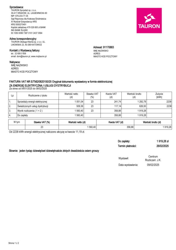 Tauron electric statement from Poland – modifiable PDF template