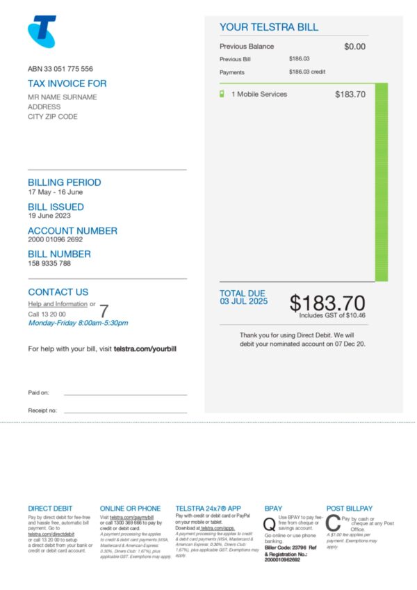 Editable Phone bill template – Australia Telstra Group Phone sample in PDF
