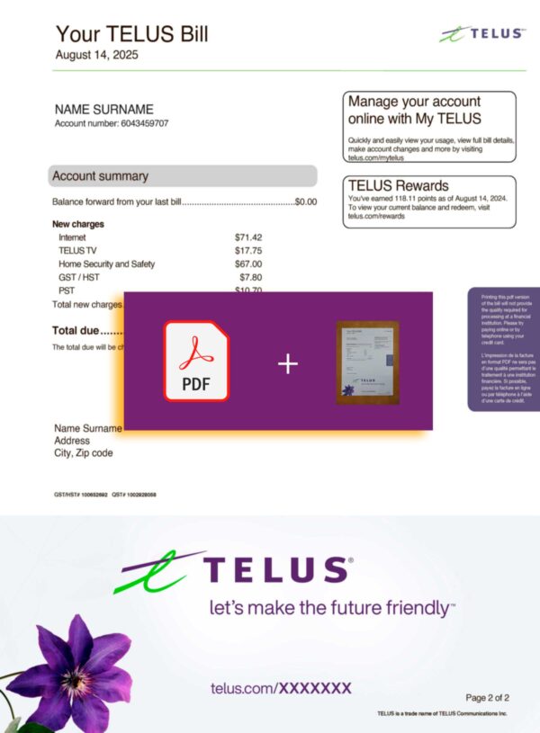 Telus document for Canada – proof-of-address label applied