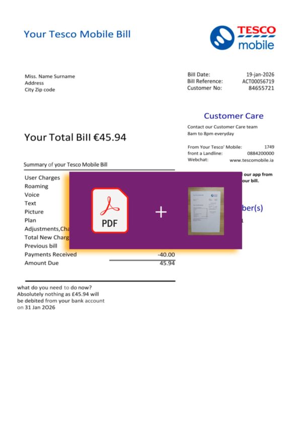UK Tesco Mobile utility file with verification stamp – ready to use