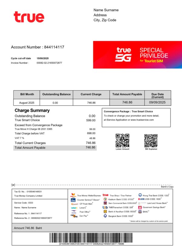 Clean layout of True Phone bill – editable Thailand version