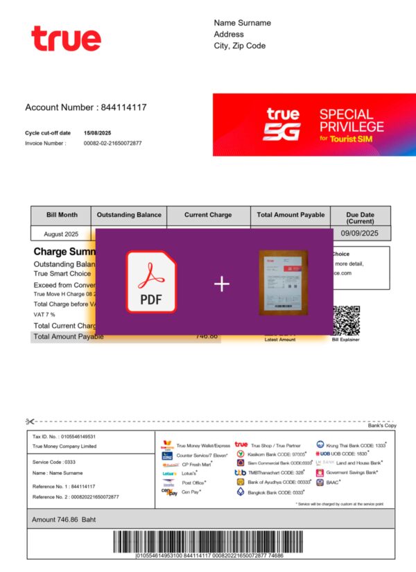 Thailand True Phone bill template – includes authenticity banner