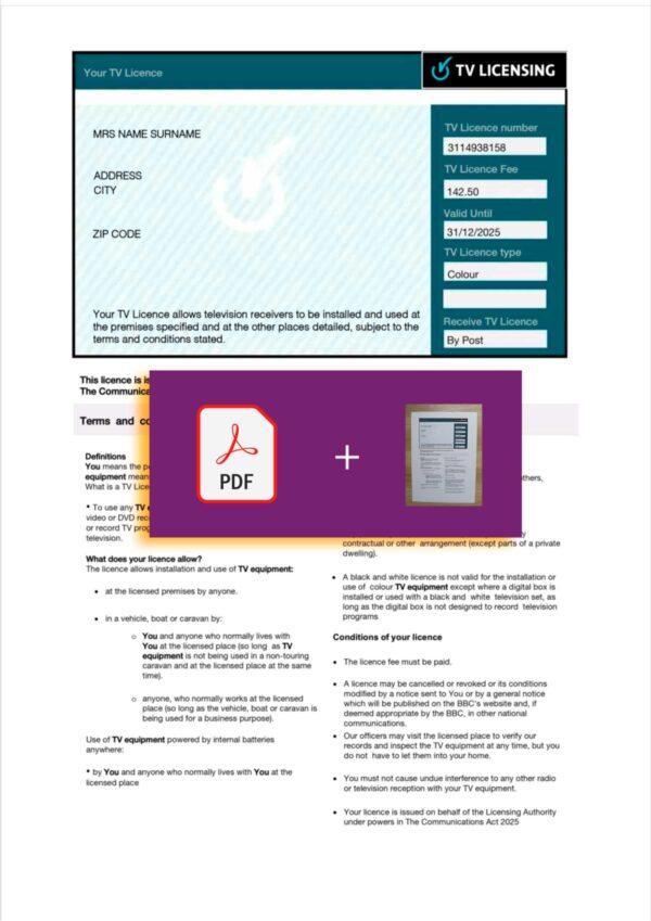 UK TV Licence utility file with verification stamp – ready to use